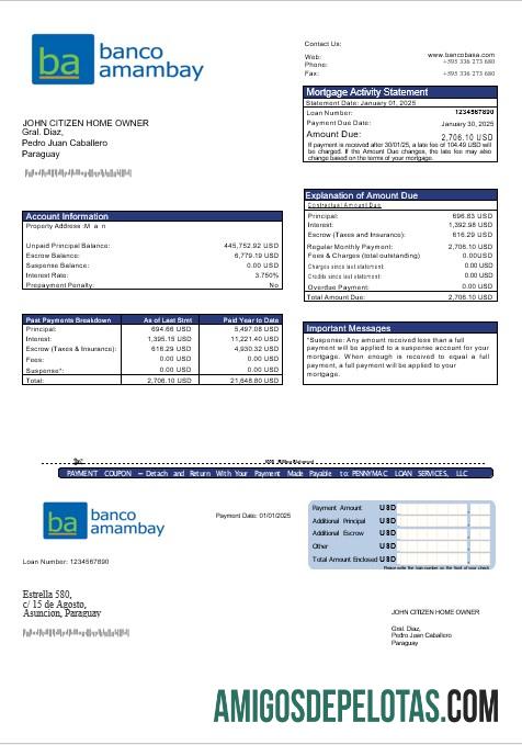 Extrato de hipoteca do Banco Banco Amambay do Paraguai em formatos Word e PDF baixar para verificação